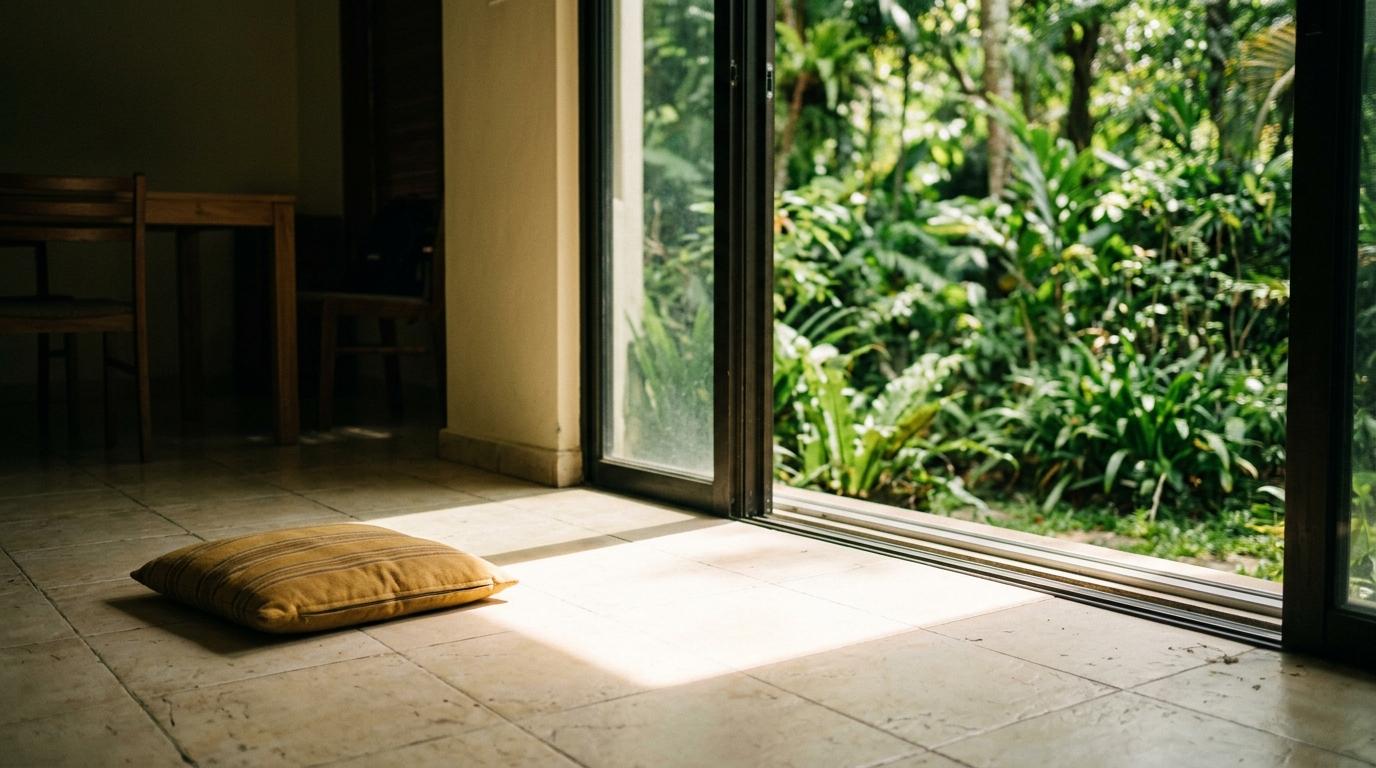 Empty sunlit spot on floor tiles