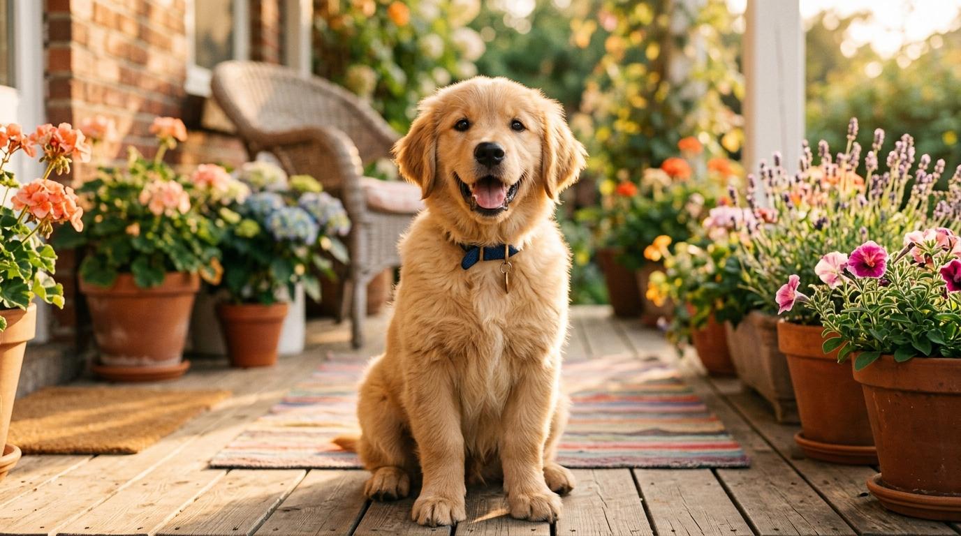 Happy dog waiting cheerfully on the porch